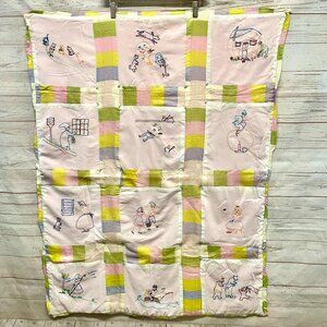 Vintage Hand Made Nursery Rhymes Embroidered Baby Quilt
